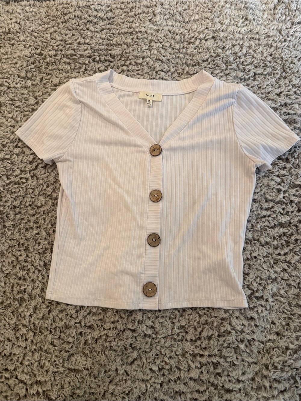 Love J Button-Front Ribbed Short Sleeve Top - cream